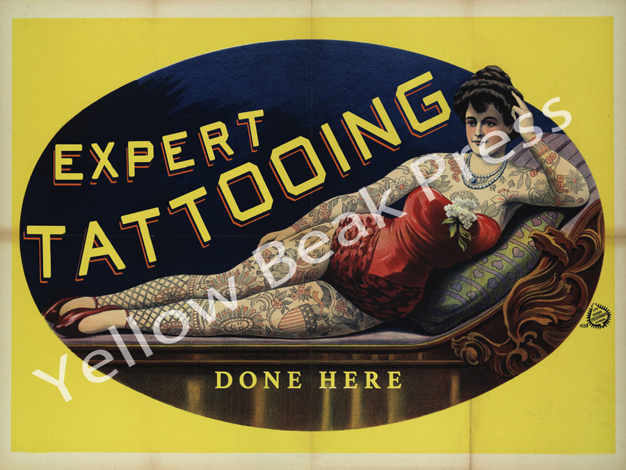 Vintage Percy Waters "Expert Tattooing Done Here" Poster Print
